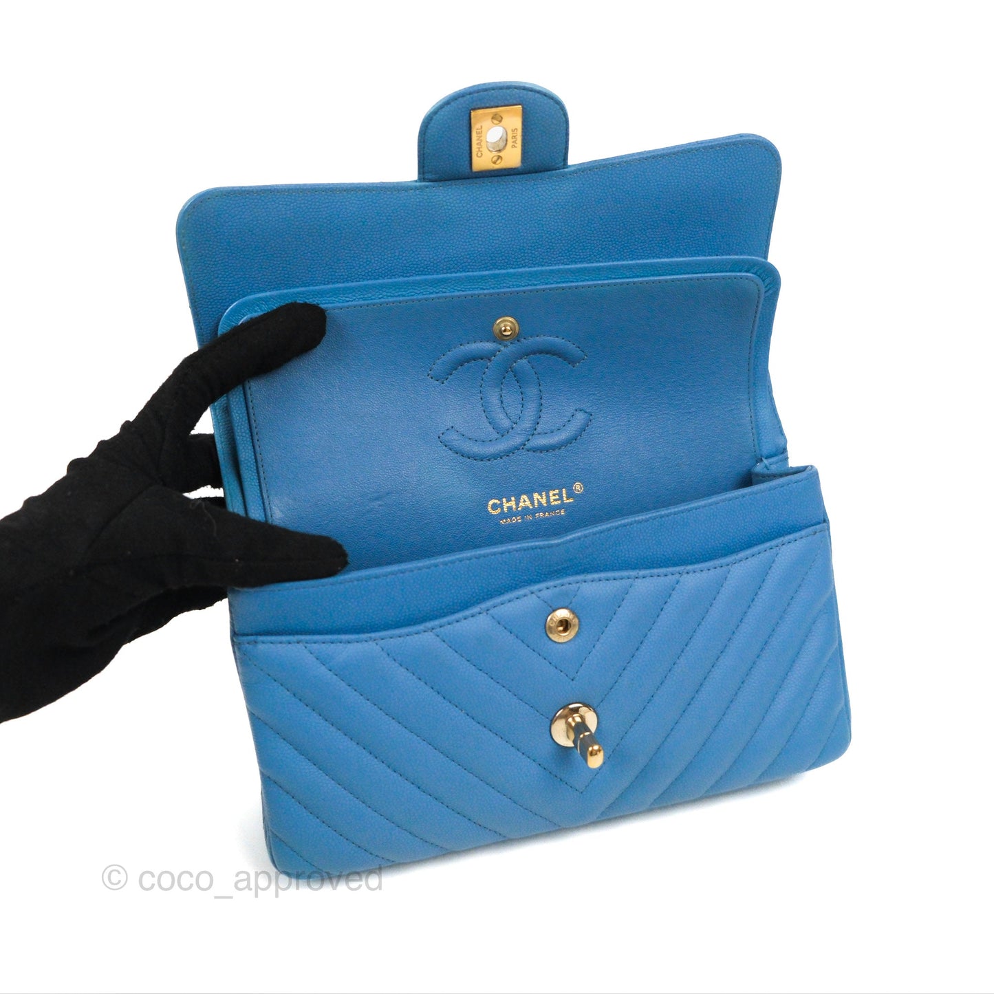 Chanel Small Classic Flap Chevron Blue Caviar Gold Hardware