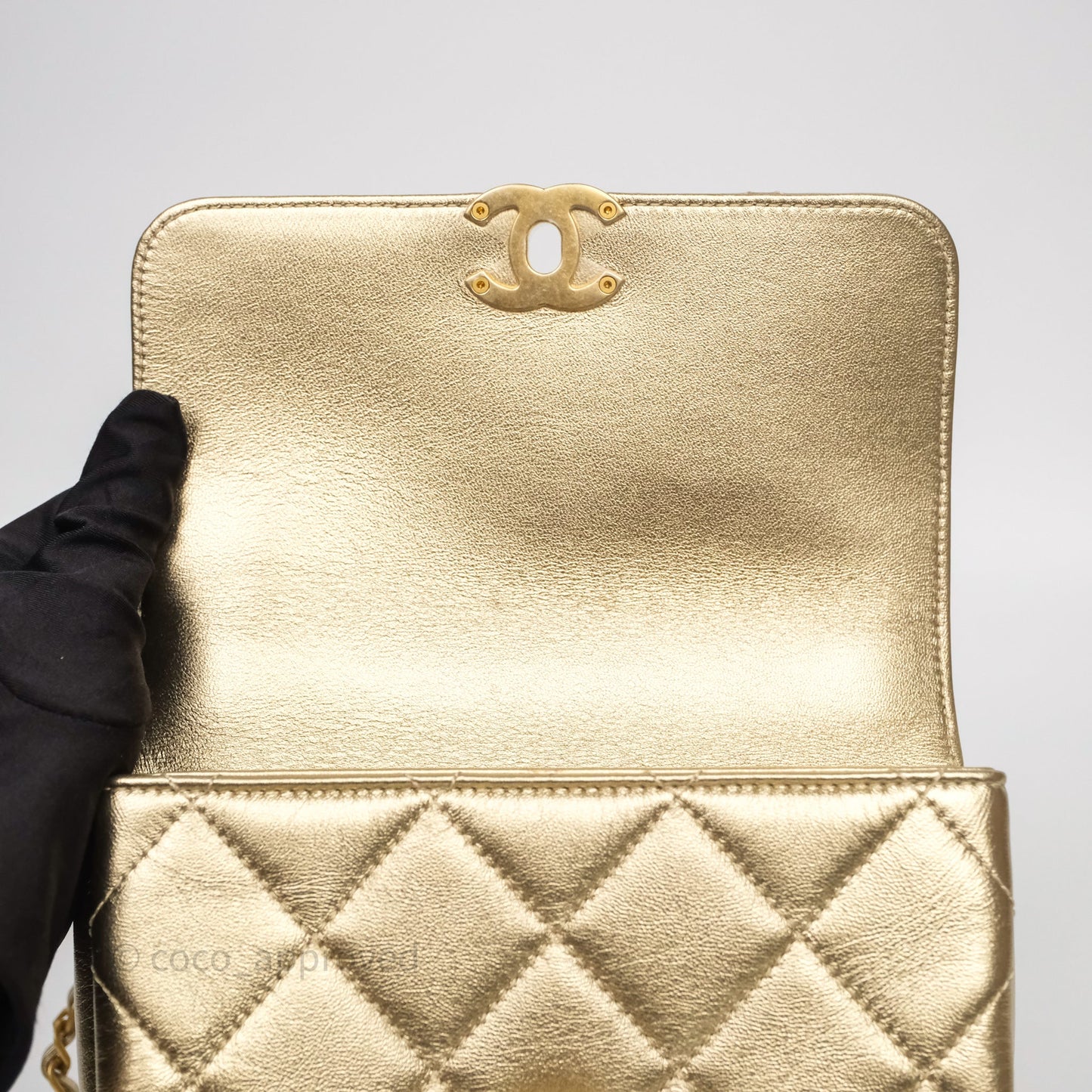 Chanel Mini Crystal Logo Handle Flap Bag Metallic Gold Lambskin 22S