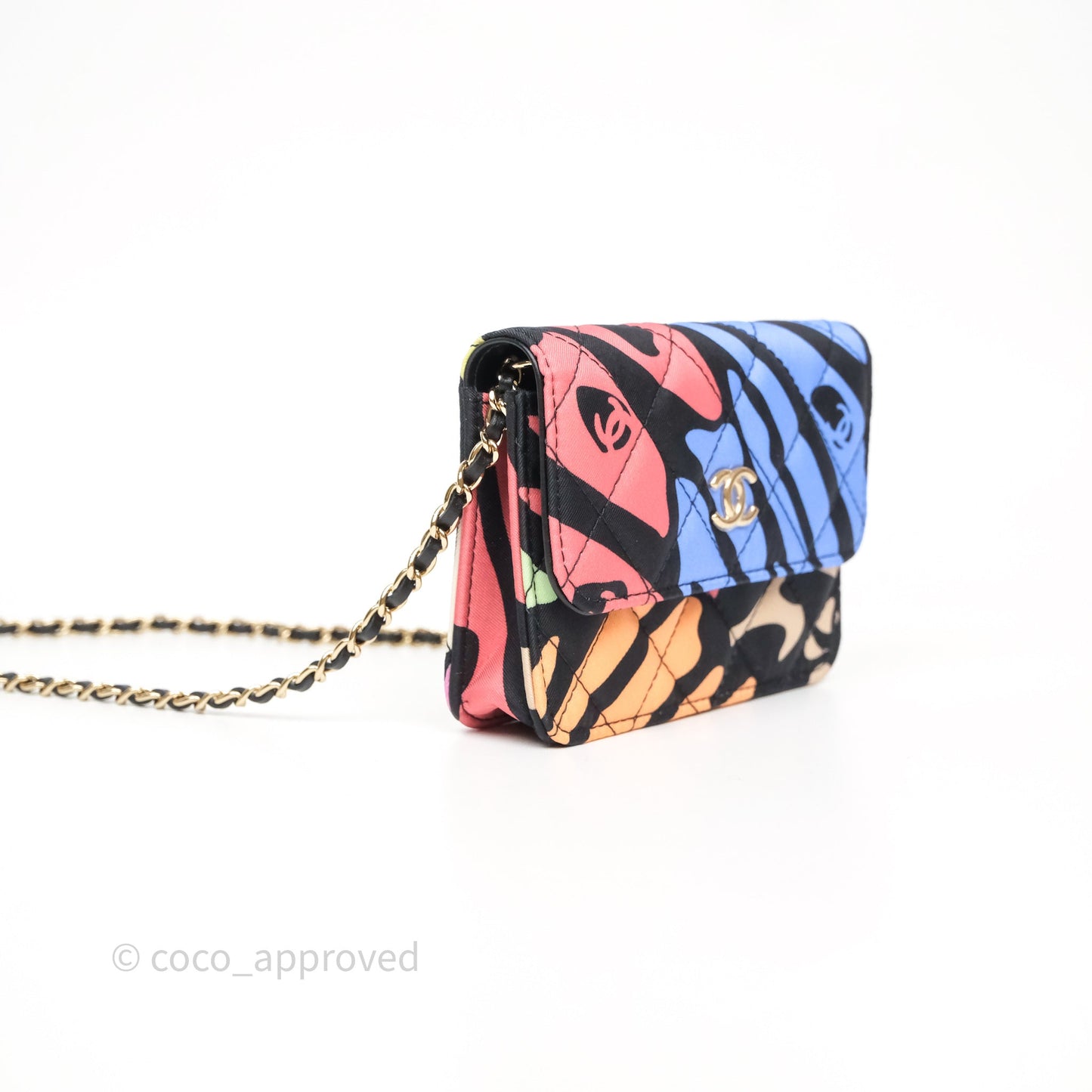 Chanel Mini Wallet With Chain CC Floral Printed Fabric Gold Hardware