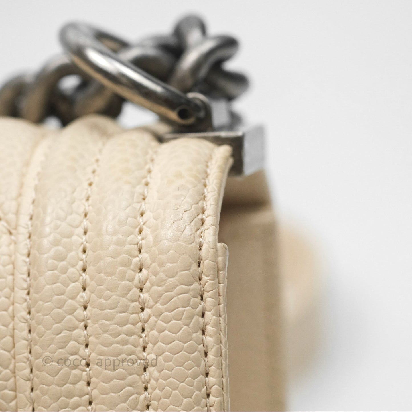 Chanel Small Boy Chevron Beige Caviar Ruthenium Hardware