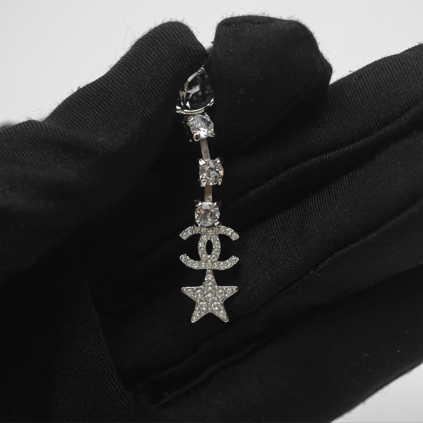 Chanel Crystal CC Star Drop Earrings Sliver Tone 20P