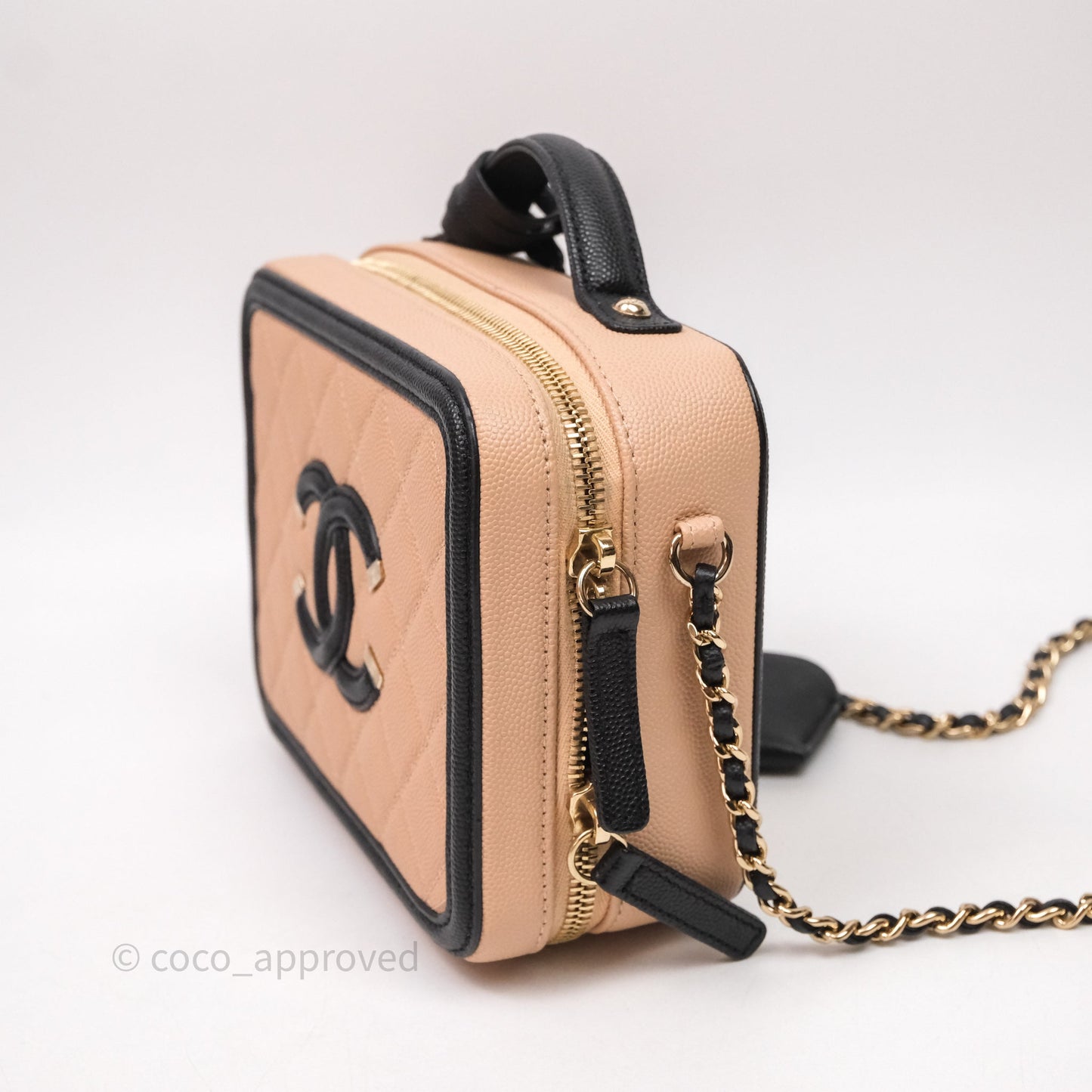 Chanel Quilted New Small CC Filigree Vanity Case Beige Caviar Gold Hardware