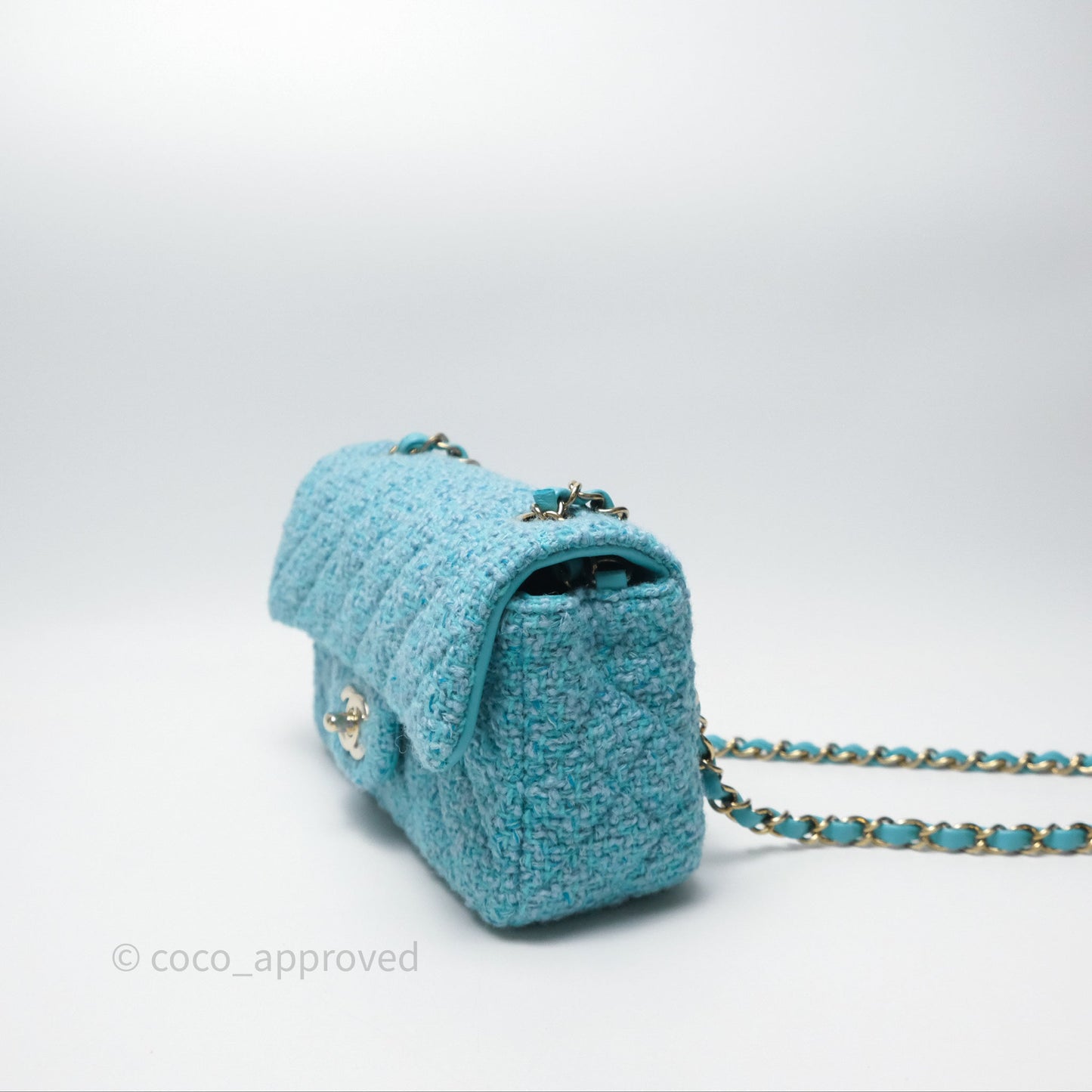 Chanel Quilted Mini Rectangular Flap Blue Tweed Gold Hardware