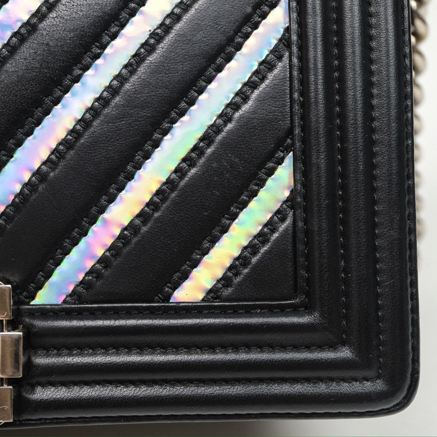 Chanel Medium Boy Chevron Iridescent PVC Lambskin Black Silver Hardware