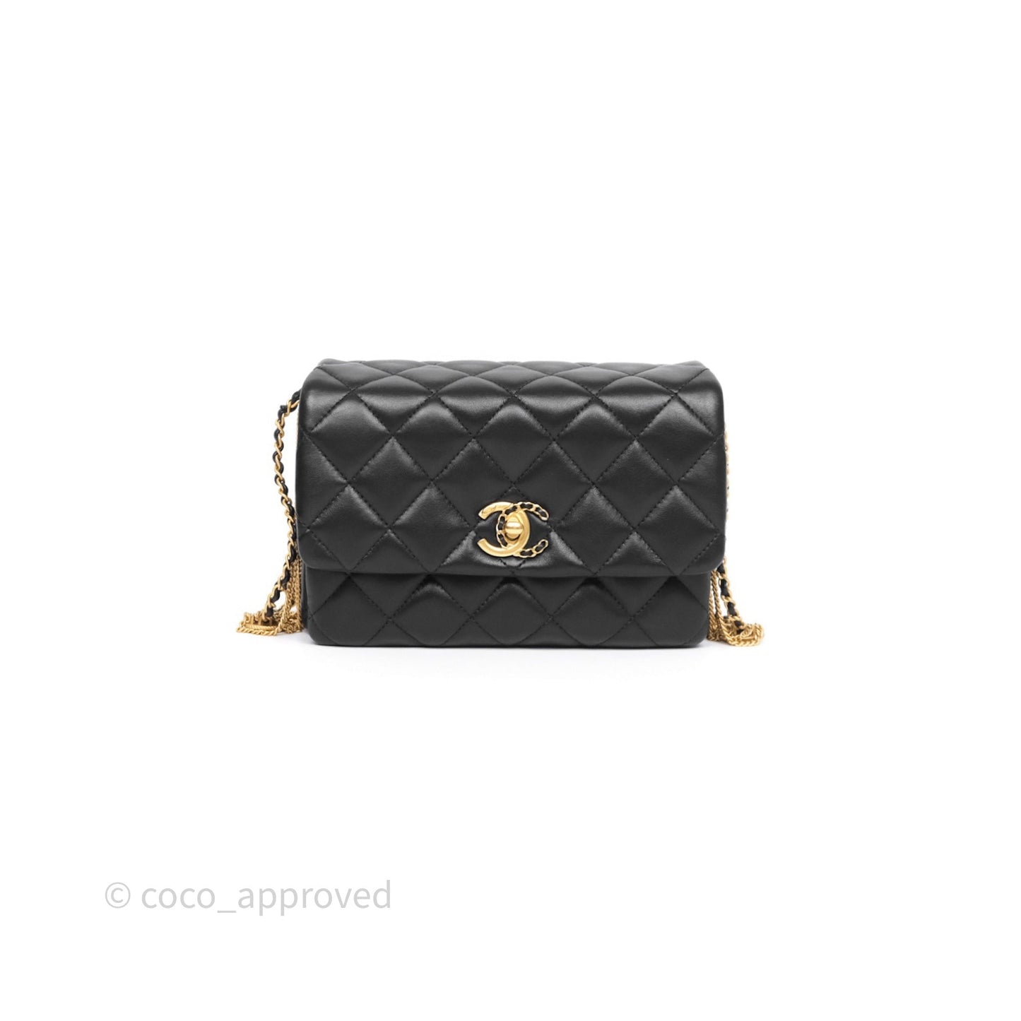 Chanel Quilted Accordion Flap Bag with Button on Chain Black Lambskin Aged Gold Hardware 22A