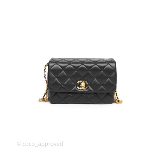 Chanel Quilted Accordion Flap Bag with Button on Chain Black Lambskin Aged Gold Hardware 22A