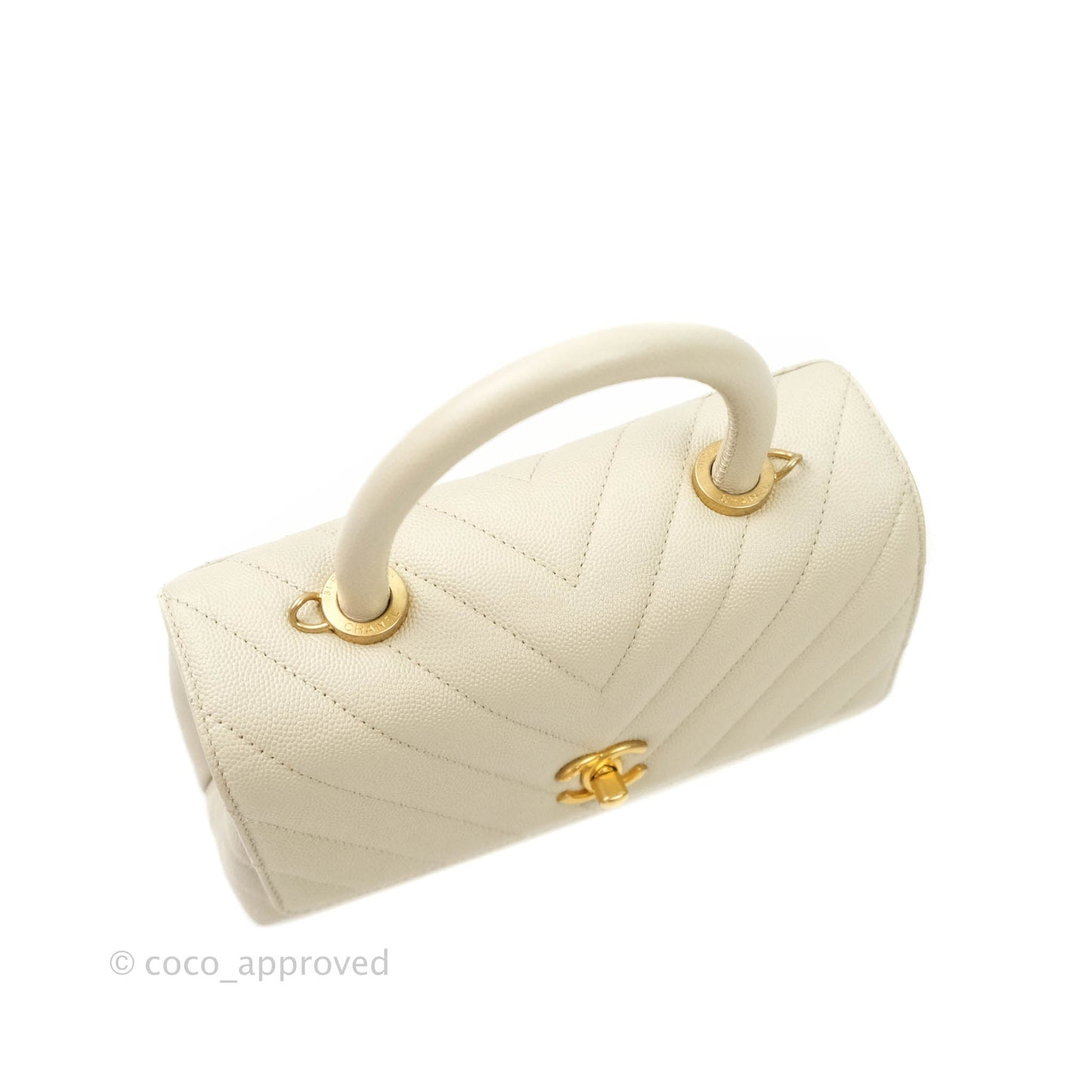 Chanel Mini Coco Handle Chevron Stone White Caviar Aged Gold Hardware