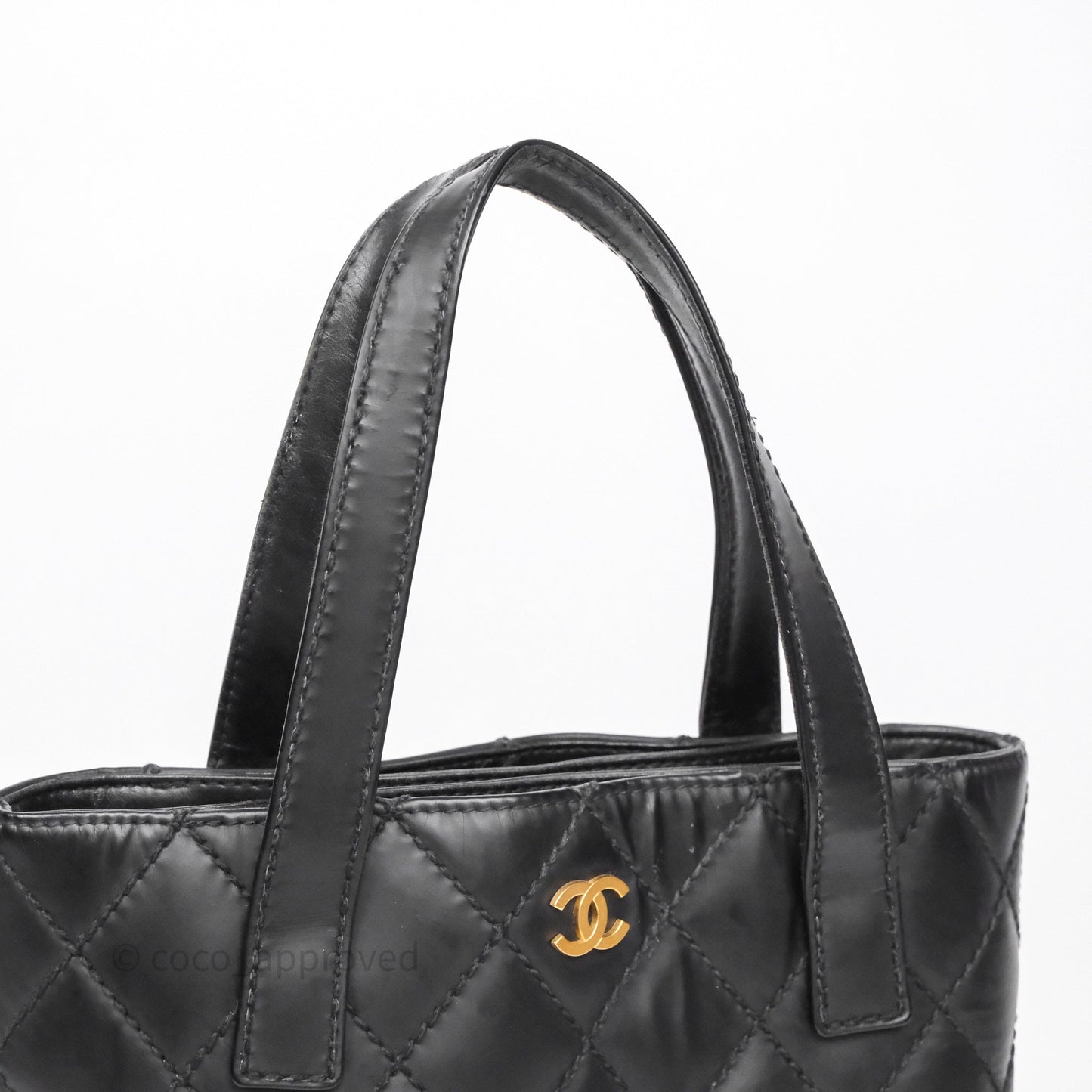 Chanel Vintage Quilted CC Tote Bag Matte Black Calfskin Gold Hardware
