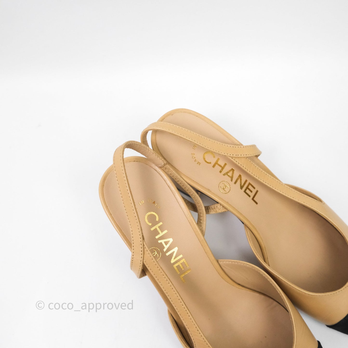 Chanel Classic Slingback Beige Black Leather Size 36