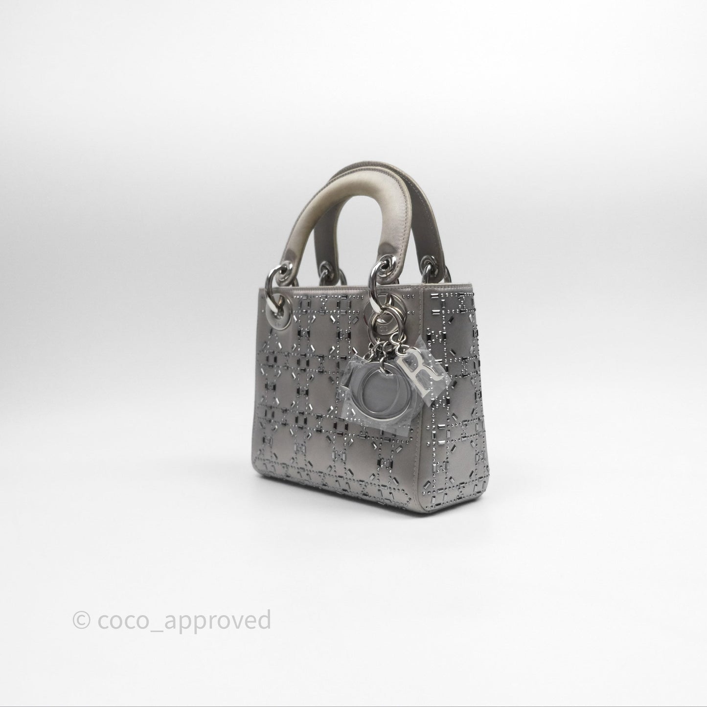 Christian Dior Mini Lady Dior Bag Grey Strass Cannage Satin Silver Hardware