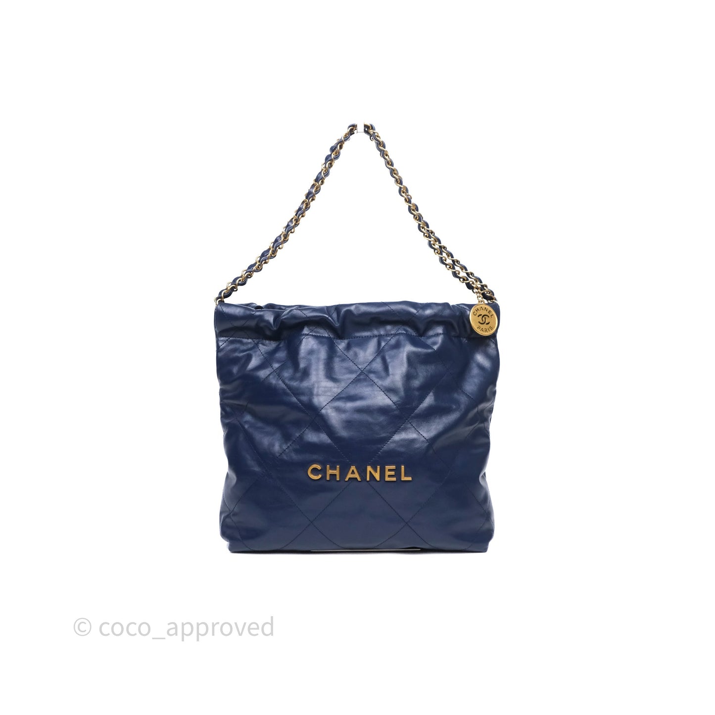 Chanel 22 Small Blue Shiny Calfskin Aged Gold Hardware