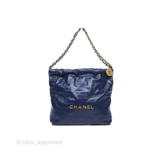 Chanel 22 Small Blue Shiny Calfskin Aged Gold Hardware