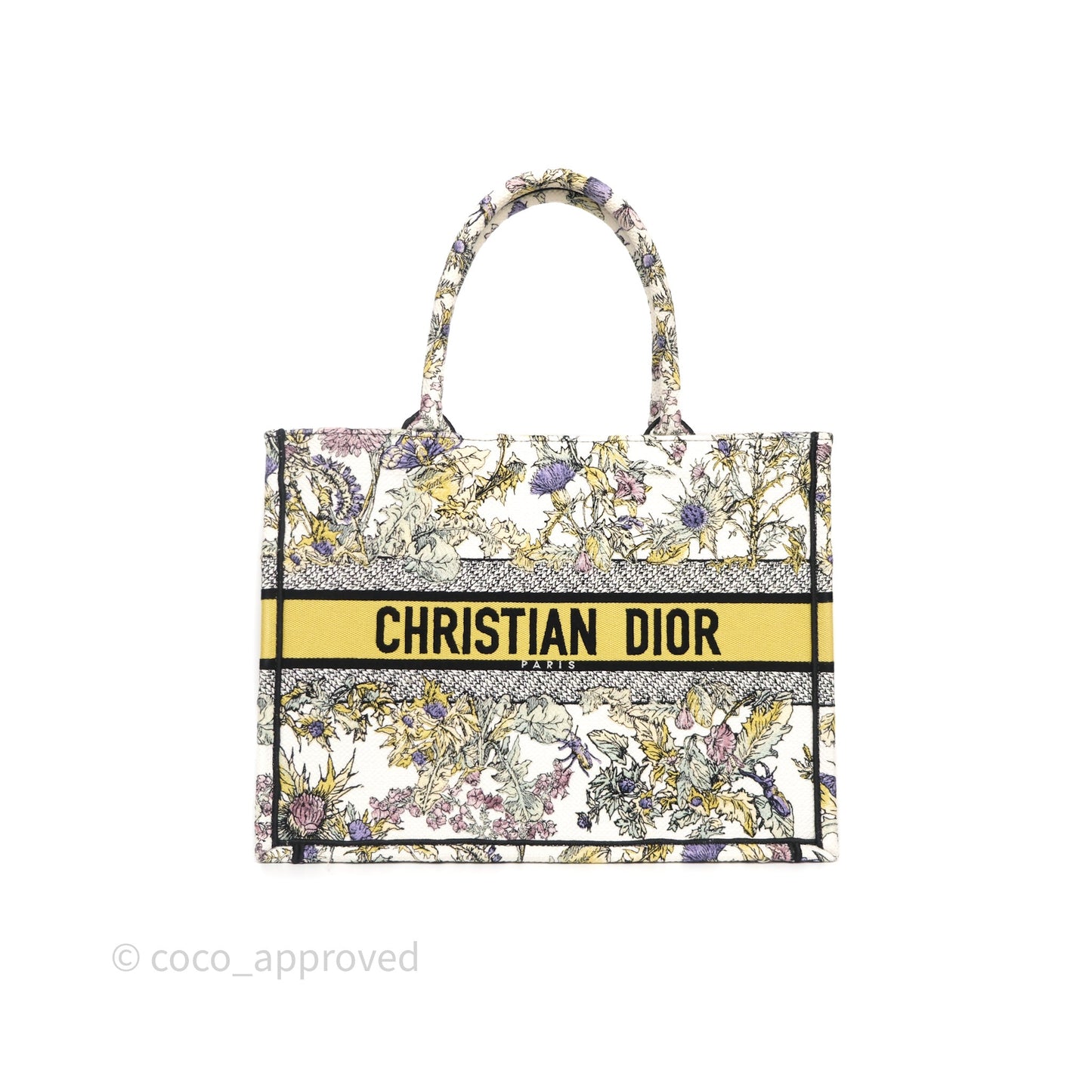 Christian Dior Medium (Old Small) Book Tote Latte Embroidery with Yellow Multicolor Dior Chardons Motif