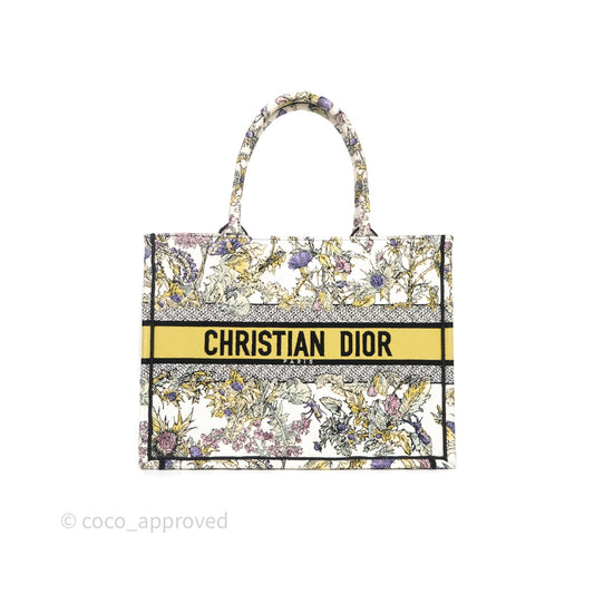 Christian Dior Medium (Old Small) Book Tote Latte Embroidery with Yellow Multicolor Dior Chardons Motif