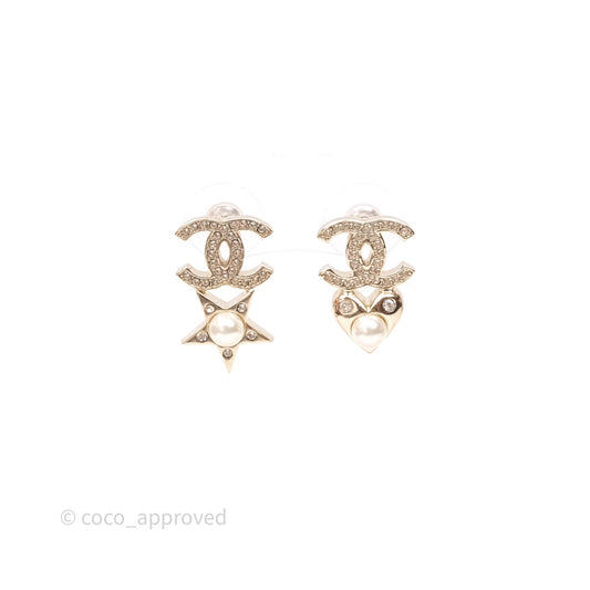 Chanel Crystal CC Star & Heart Pearl Earrings Gold Tone 19B