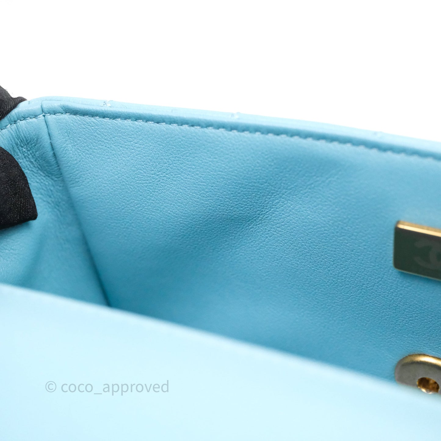 Chanel Flap Bag with Crystal Logo Top Handle Tiffany Blue Lambskin Aged Gold Hardware
