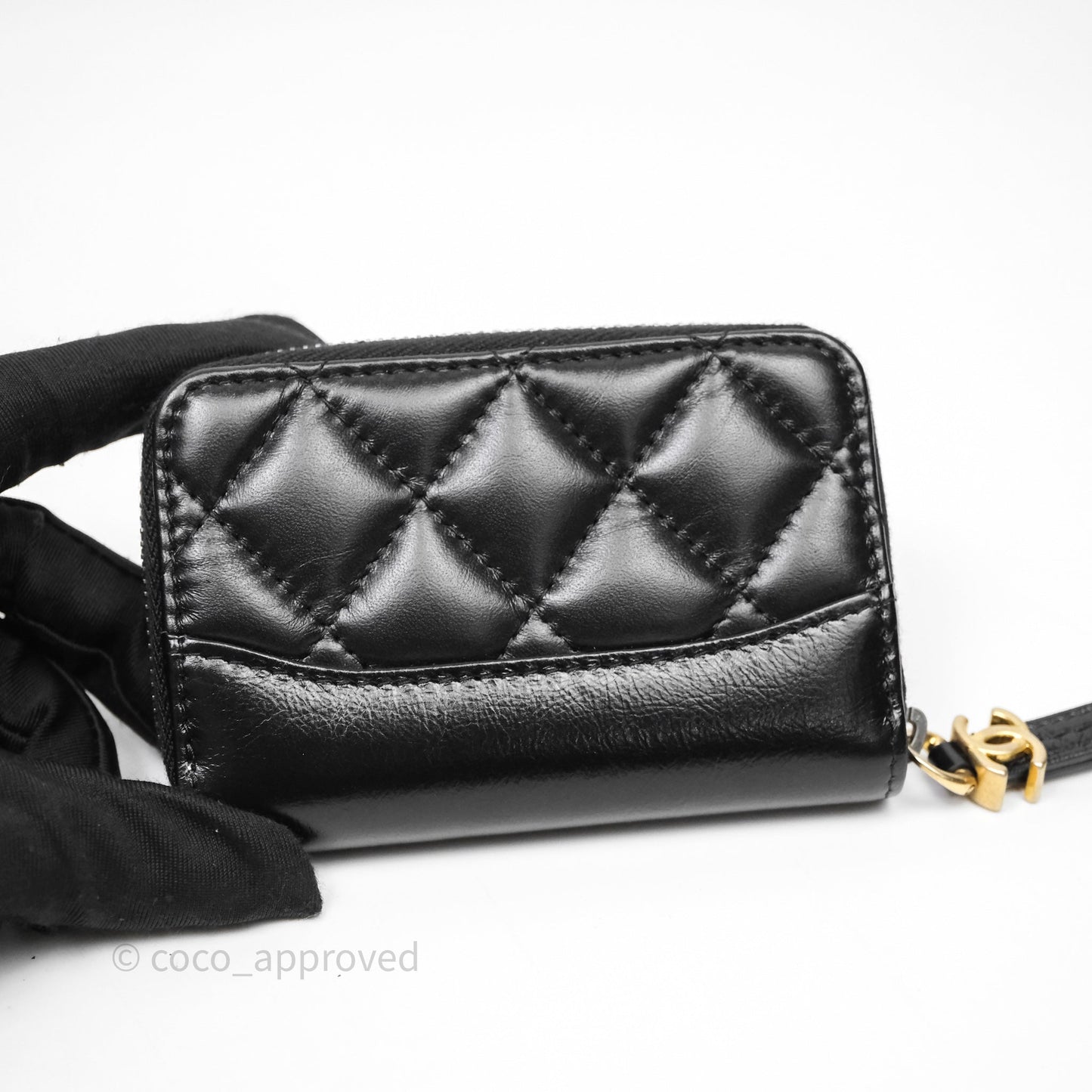 Chanel Quilted Gabrielle Zip Coin Purse Black Lambskin Aged Gold Hardware