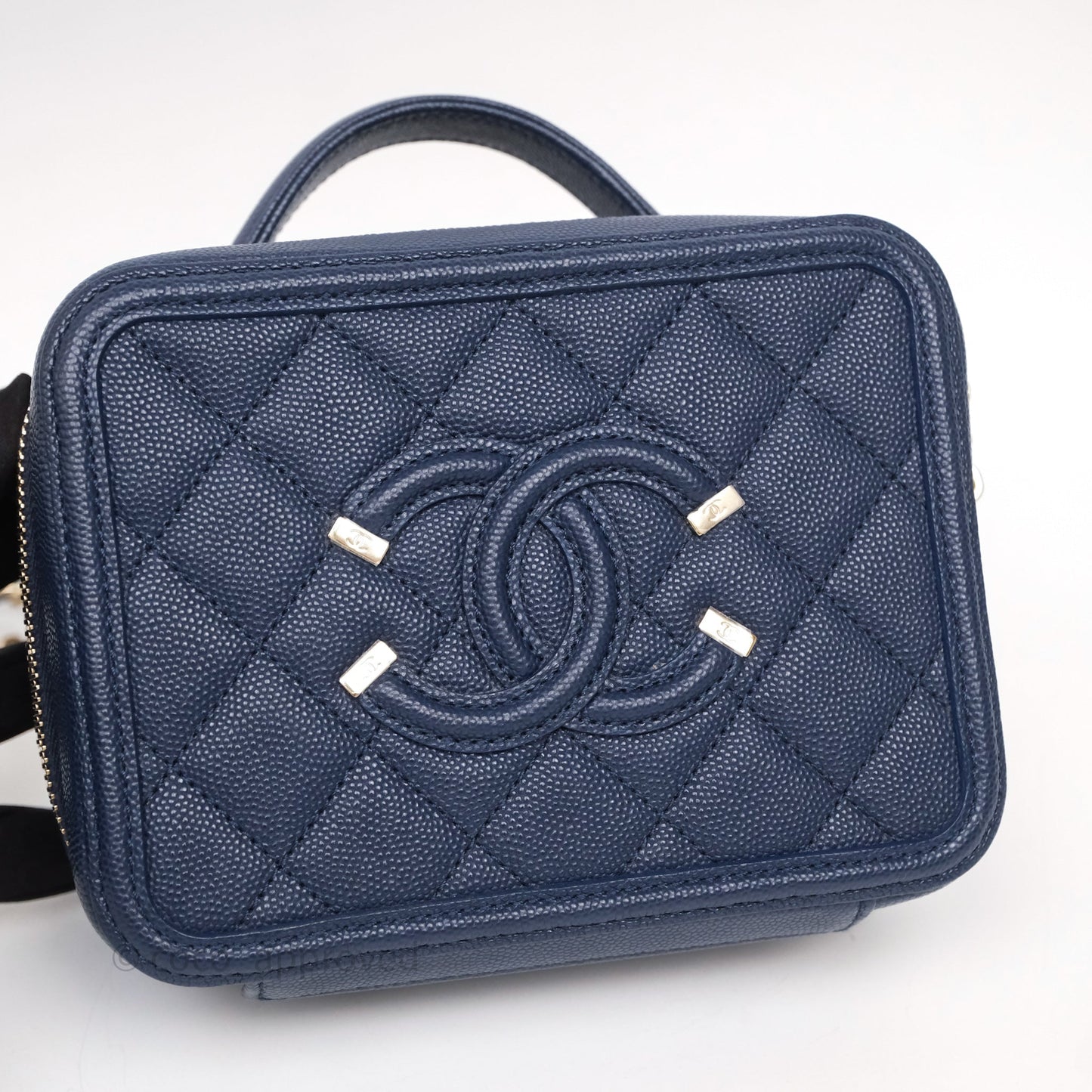 Chanel Quilted Small CC Filigree Vanity Case Navy Caviar Gold Hardware