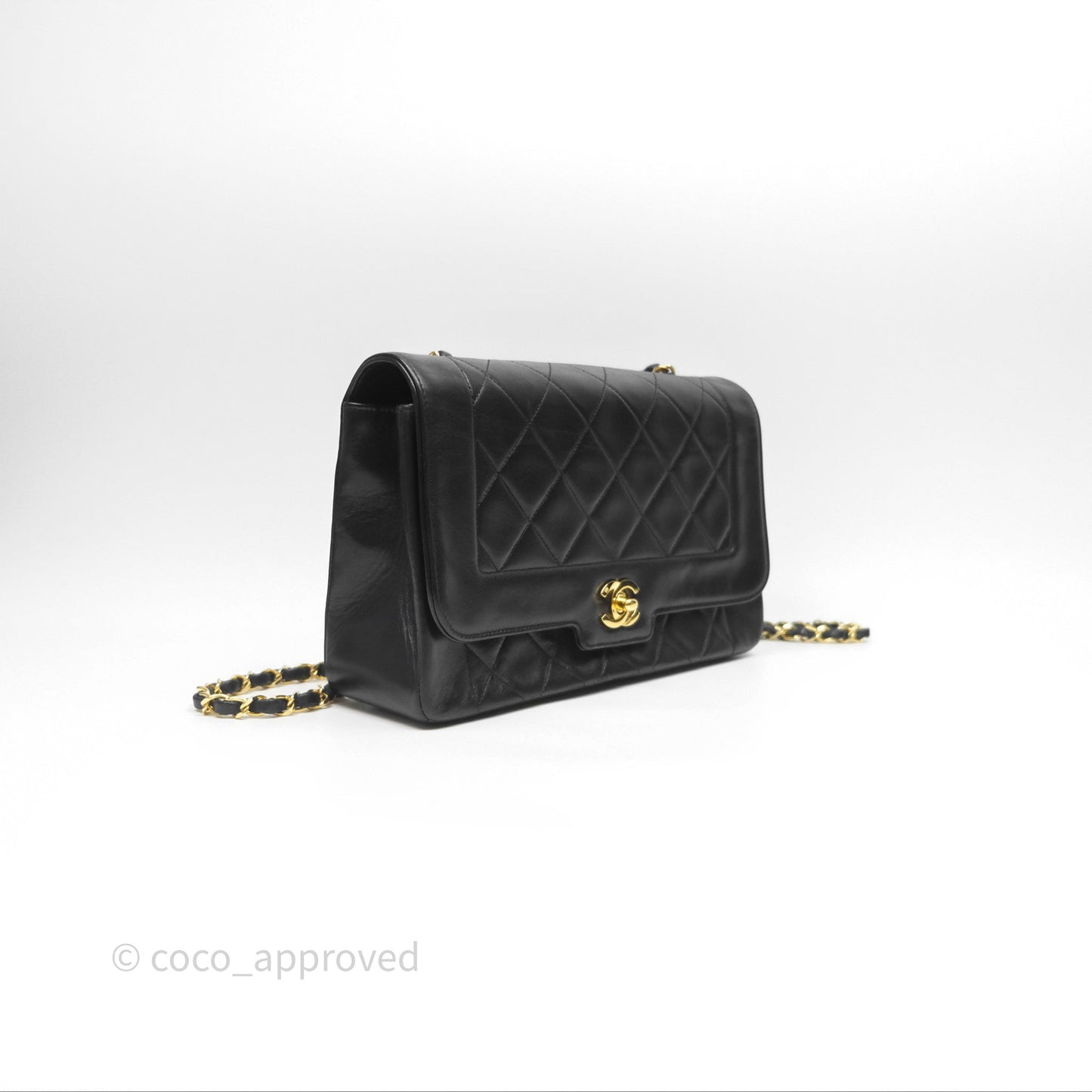 Chanel Vintage Medium Quilted Diana Flap Bag Black Lambskin 24K Gold Hardware
