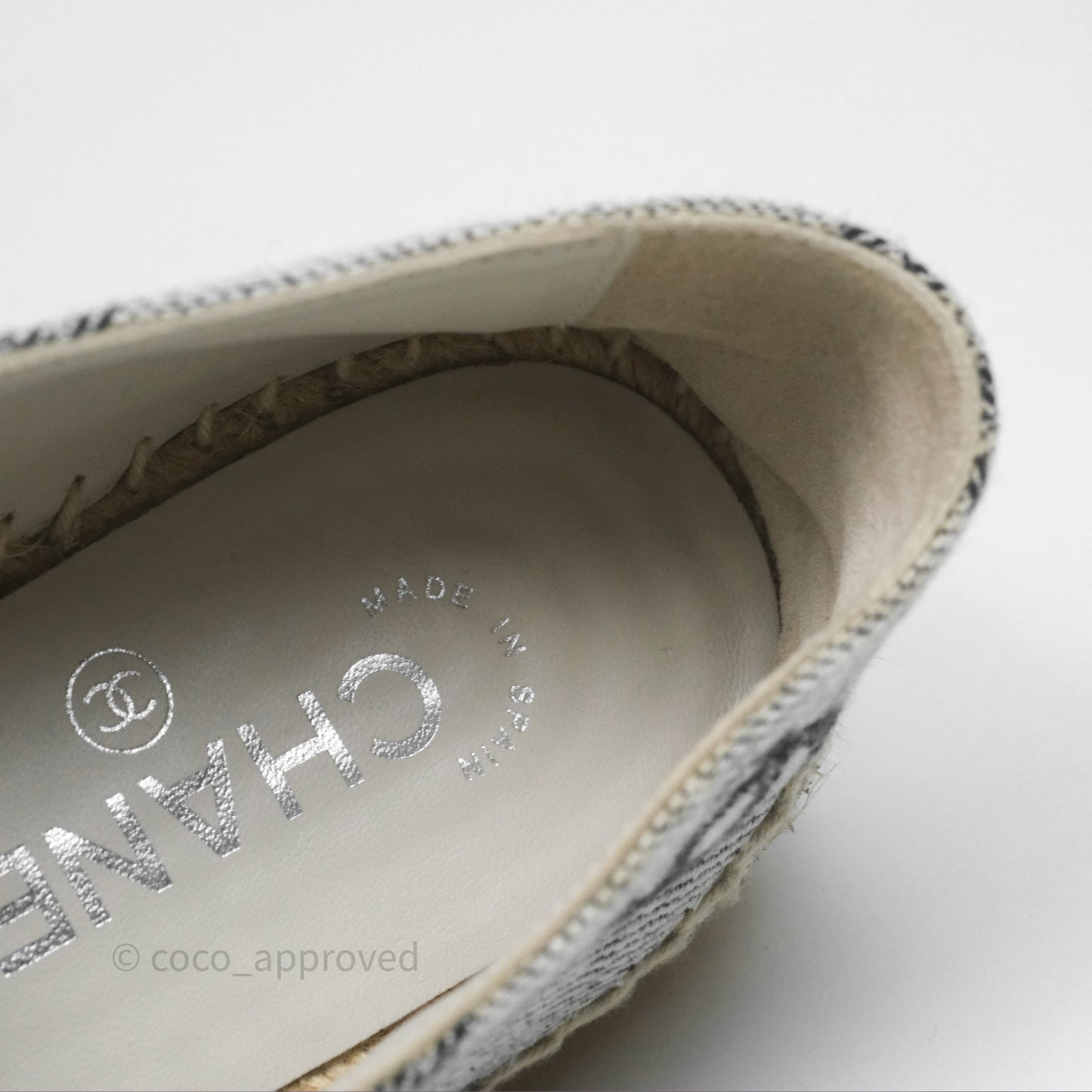 Chanel CC Espadrilles in Grey Cotton Jacquard Black Grosgrain 22S Size 38