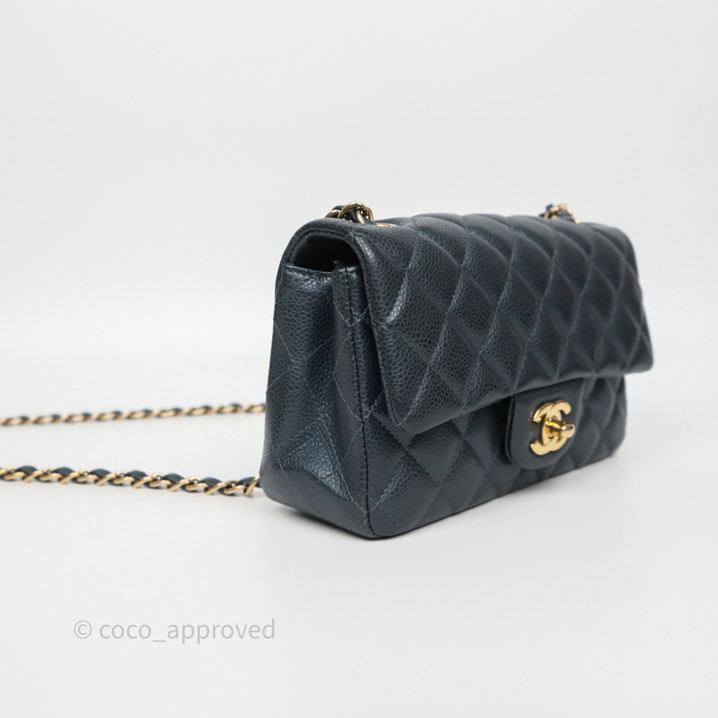 Chanel Mini Rectangular Quilted Iridescent Teal Caviar Gold Hardware