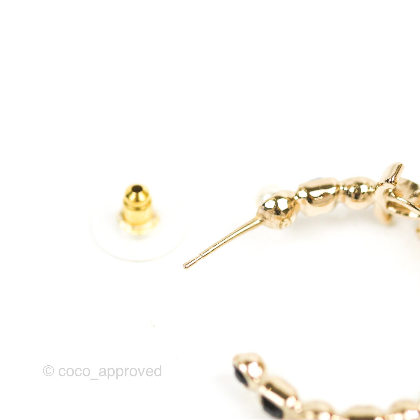 Chanel CC Pearl Black Rhinestone Hoop Earrings Gold Tone 23V