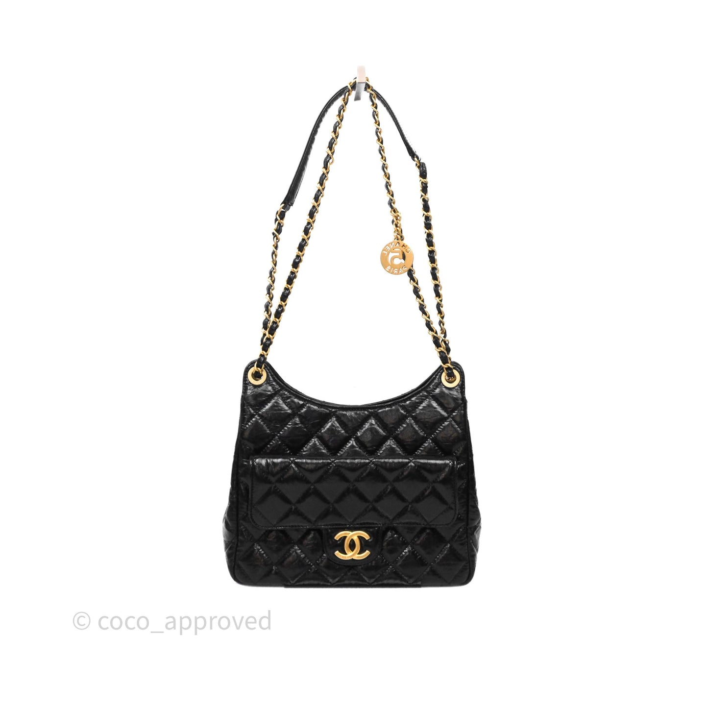 Chanel Medium Quilted Wavy CC Hobo Black Shiny Crumpled Calfskin Aged Gold Hardware