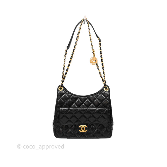 Chanel Medium Quilted Wavy CC Hobo Black Shiny Crumpled Calfskin Aged Gold Hardware