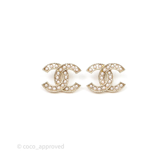 Chanel Pearl CC Earrings Gold Tone 21B