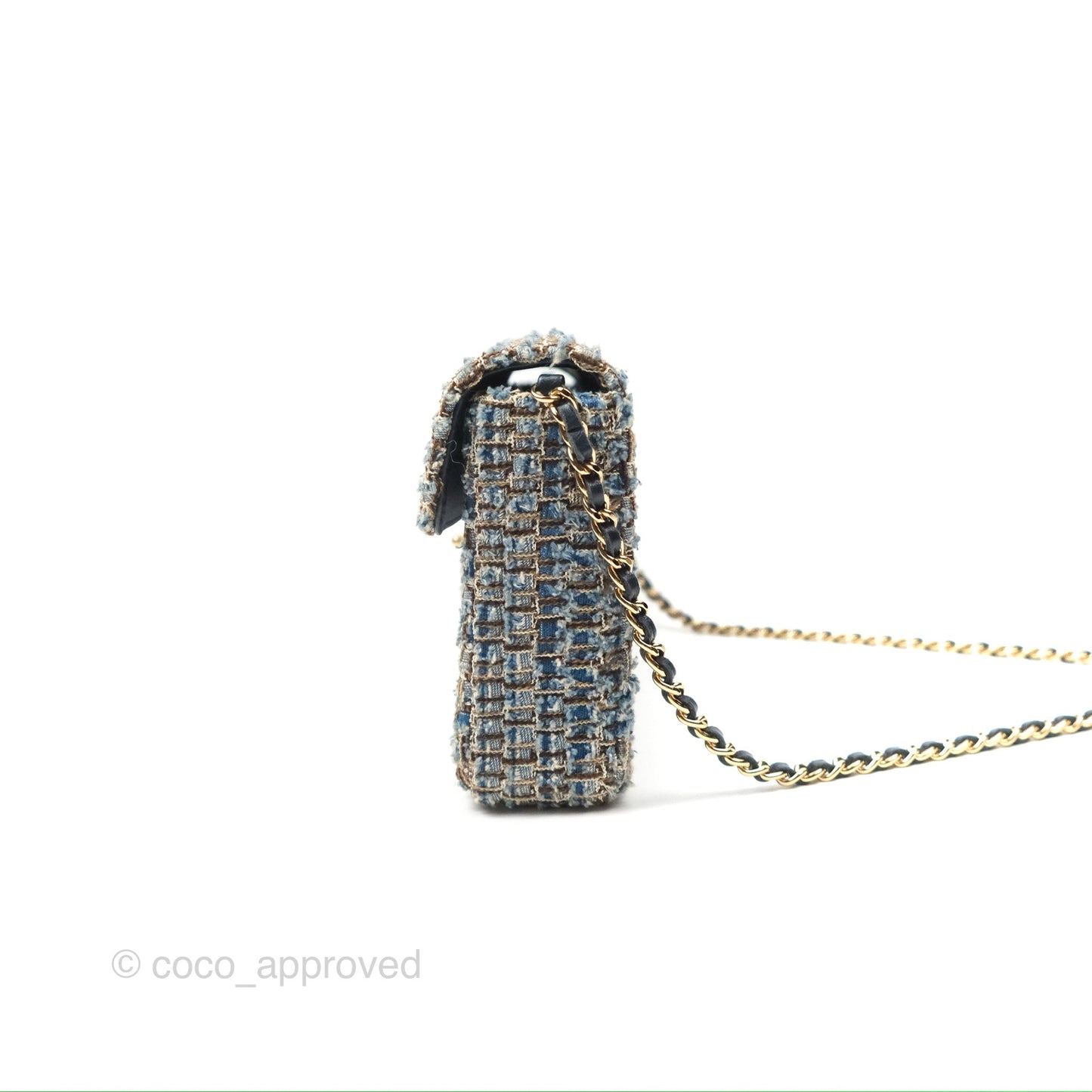 Chanel East West Chocolate Bar Flap Bag Grey Blue Tweed 24K Gold Hardware