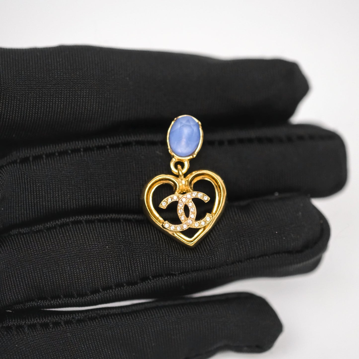 Chanel Oval Blue Resin Heart CC Drop Earrings Gold Tone 23C