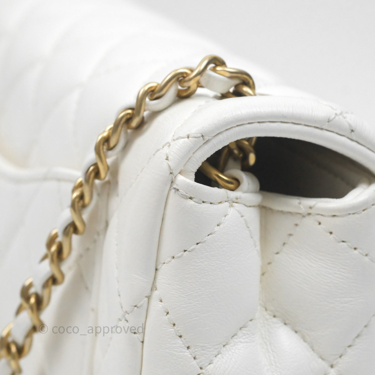 Chanel Mini Rectangular Pearl Crush Quilted White Lambskin Aged Gold Hardware