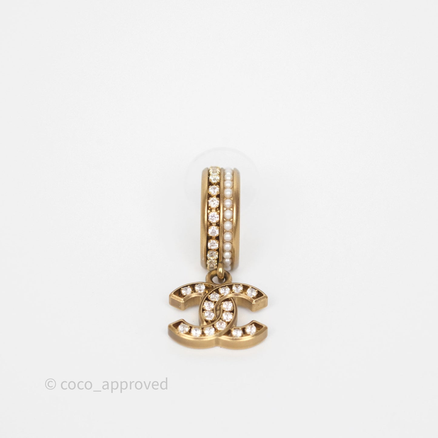 Chanel CC Crystal Pearl Hoop Earrings Gold Tone 21C