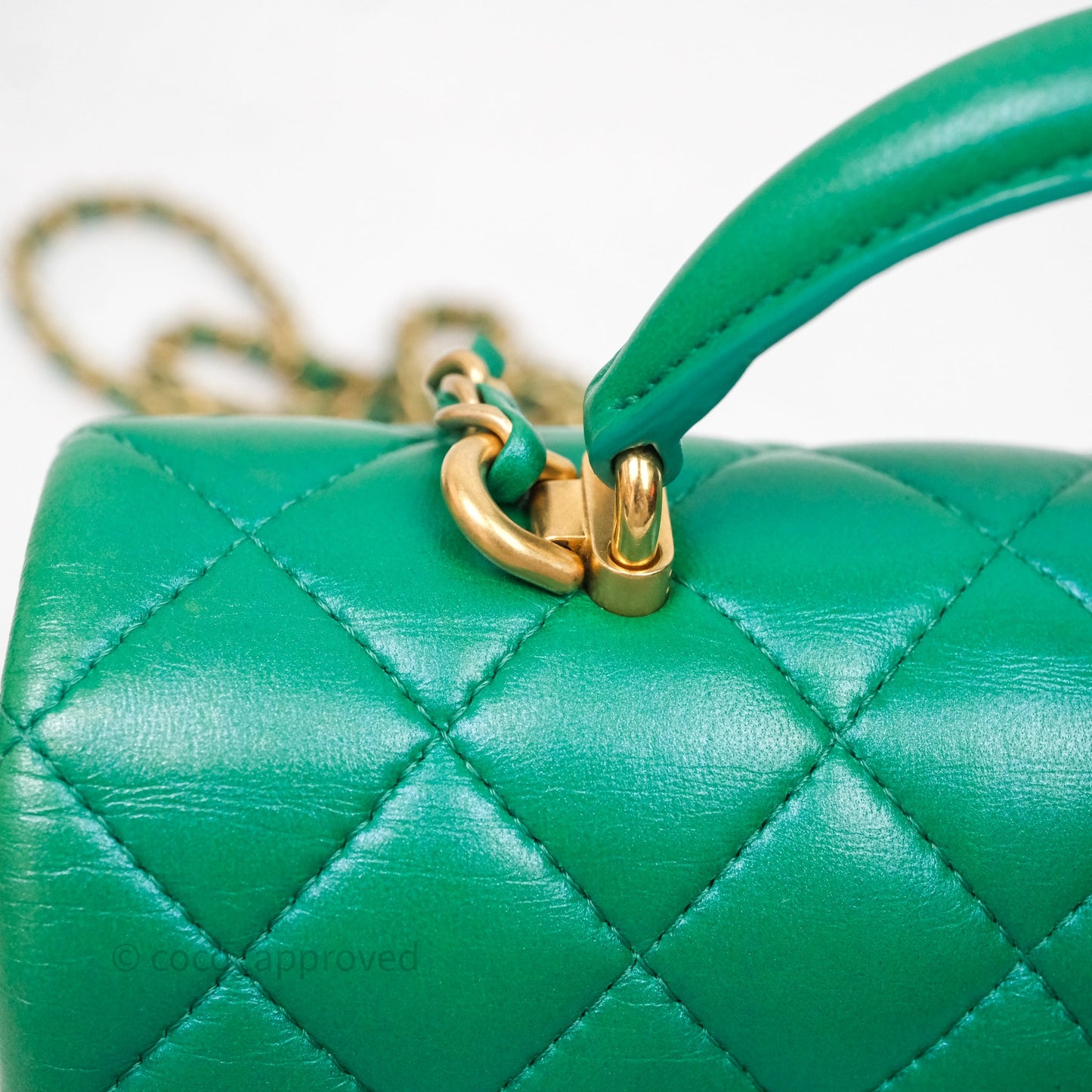 Chanel Top Handle Mini Rectangular Flap Bag Iridescent Green Lambskin Aged Gold Hardware