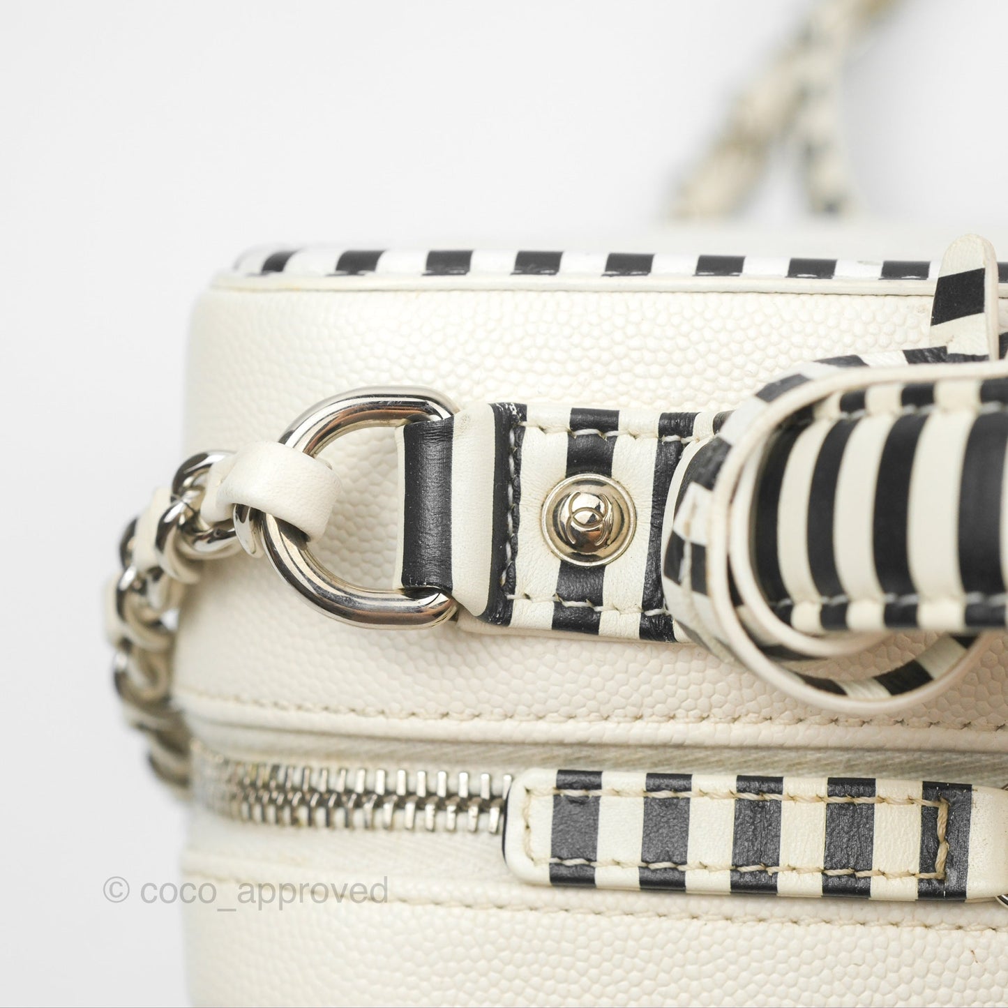 Chanel Quilted Medium CC Filigree Vanity Case White Black Stripe Caviar Silver Hardware