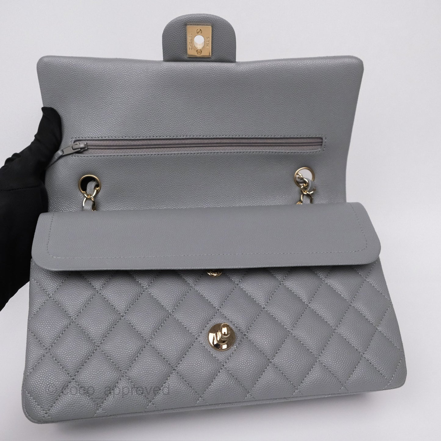 Chanel Classic M/L Medium Flap Quilted Grey Caviar Gold Hardware