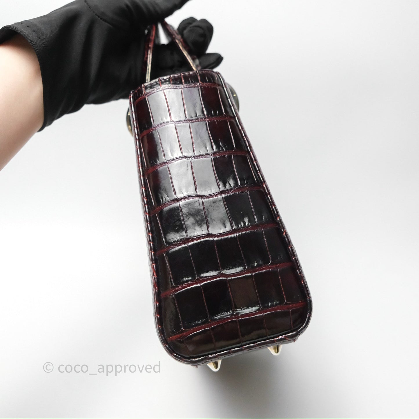 Christian Dior Small Lady Dior Shiny Crocodile Burgundy Diamond Hardware