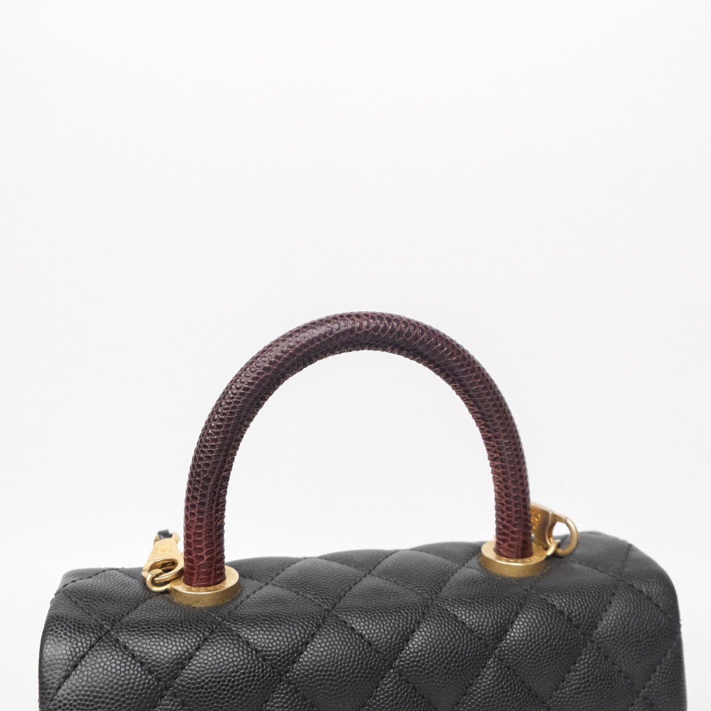 Chanel Small Coco Handle Black Caviar Gold Hardware Lizard Embossed Handle