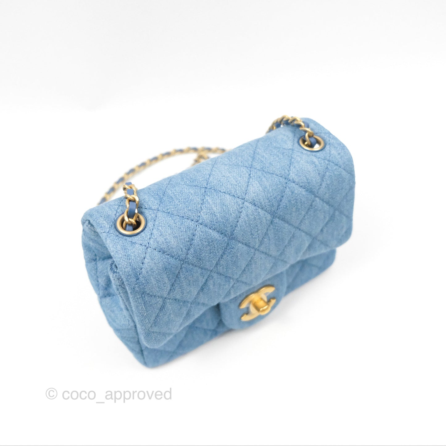 Chanel Mini Square Pearl Crush Quilted Denim Aged Gold Hardware