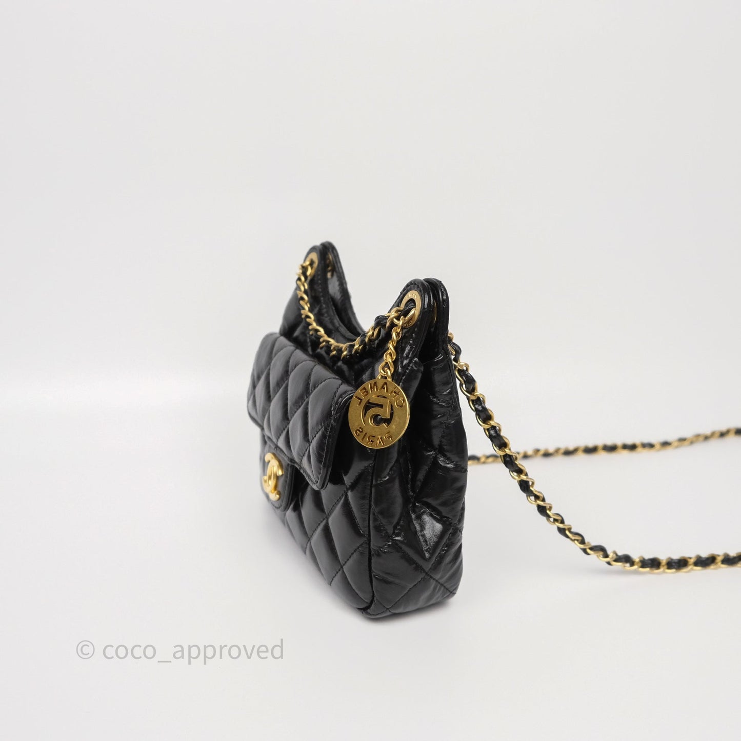 Chanel Small Hobo Black Shiny Crumpled Calfskin Aged Gold Hardware 23C