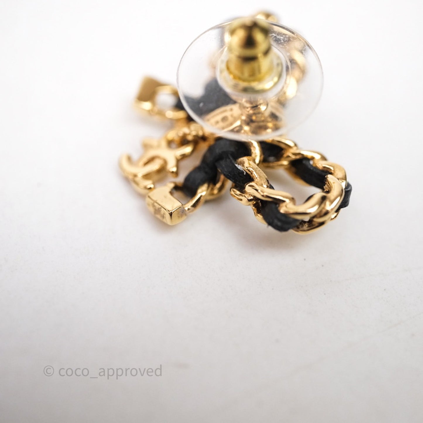 Chanel Lambskin Chain Bow Stud Earrings Black Gold Tone 24V