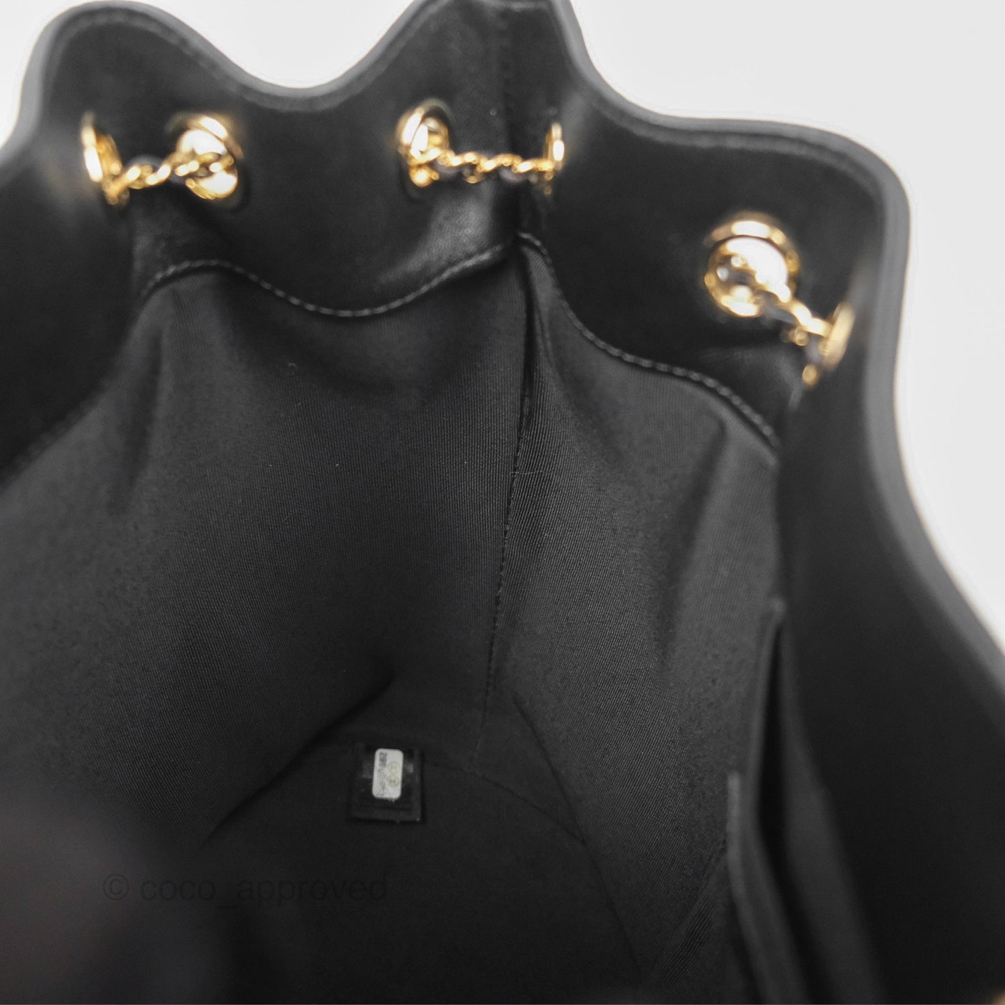 Chanel CC Chain Drawstring Bucket Bag Chevron Black Lambskin Gold Hardware