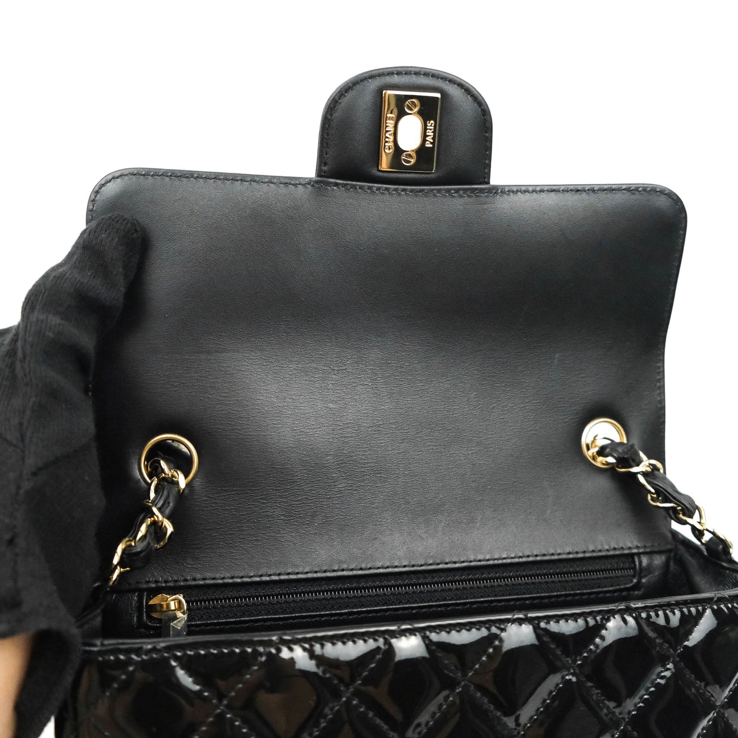 Chanel Quilted Mini Rectangular Black Patent Gold Hardware