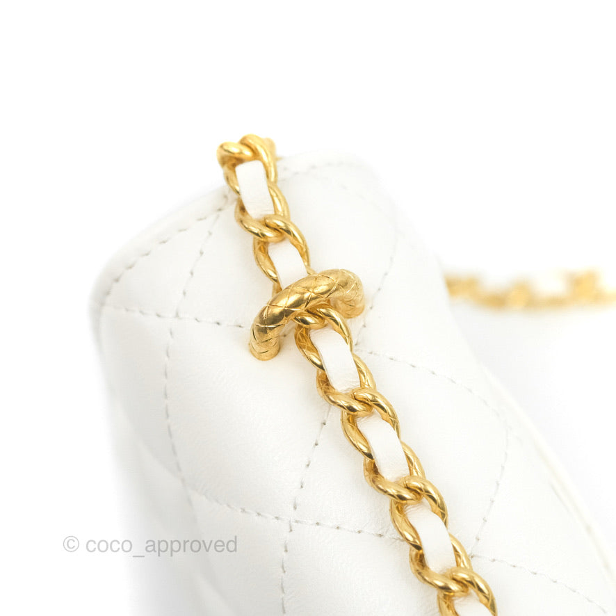 Chanel Quilted Double Chain WOC White Shiny Lambskin Aged Gold Hardware 23C