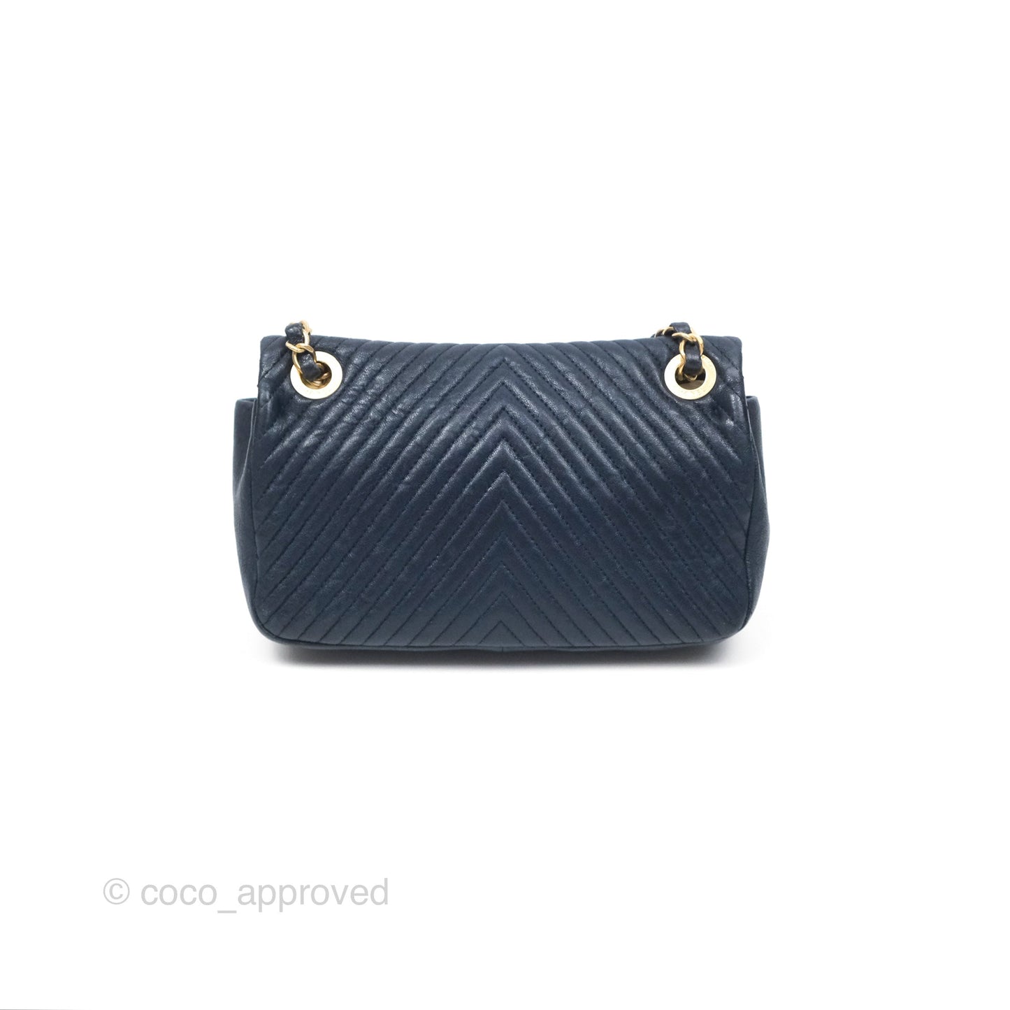 Chanel Small Chevron Surpique Flap Navy Calfskin Aged Gold Hardware