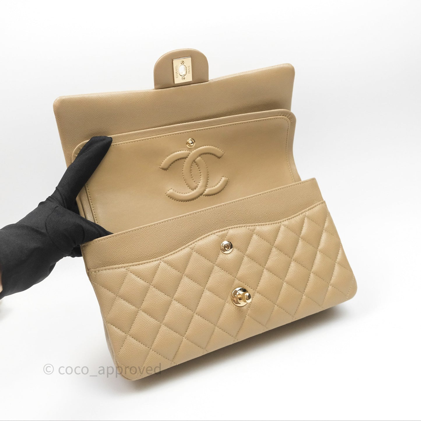 Chanel Classic M/L Medium Flap Quilted Dark Beige Caviar Gold Hardware