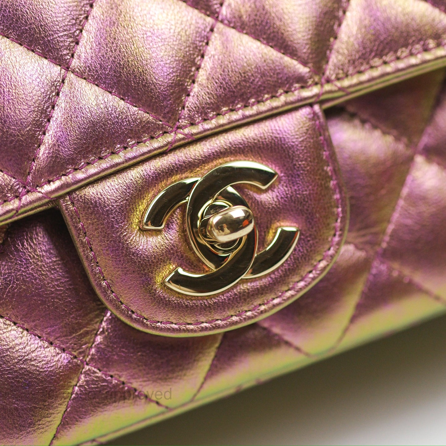 Chanel Classic Quilted Mini Rectangular Flap Metallic Purple Calfskin Gold Hardware