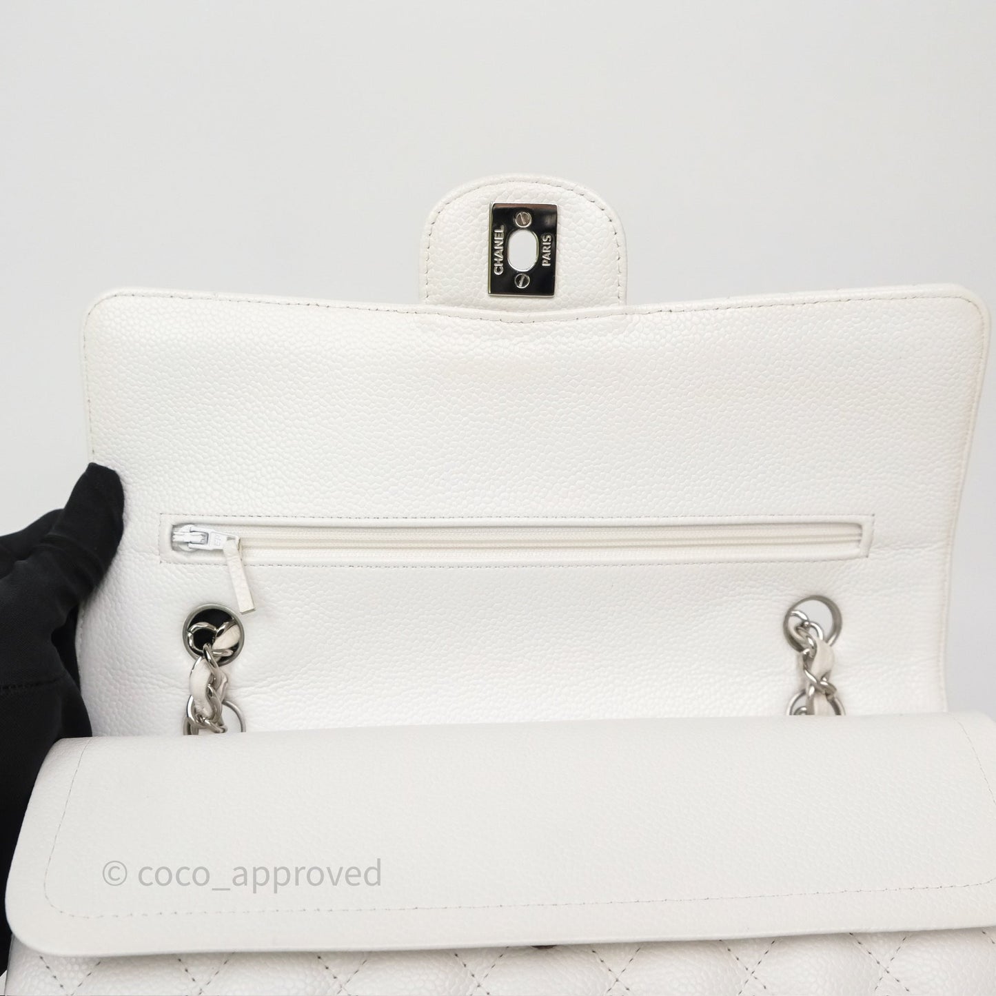 Chanel M/L Medium Classic Flap Quilted White Caviar Silver Hardware