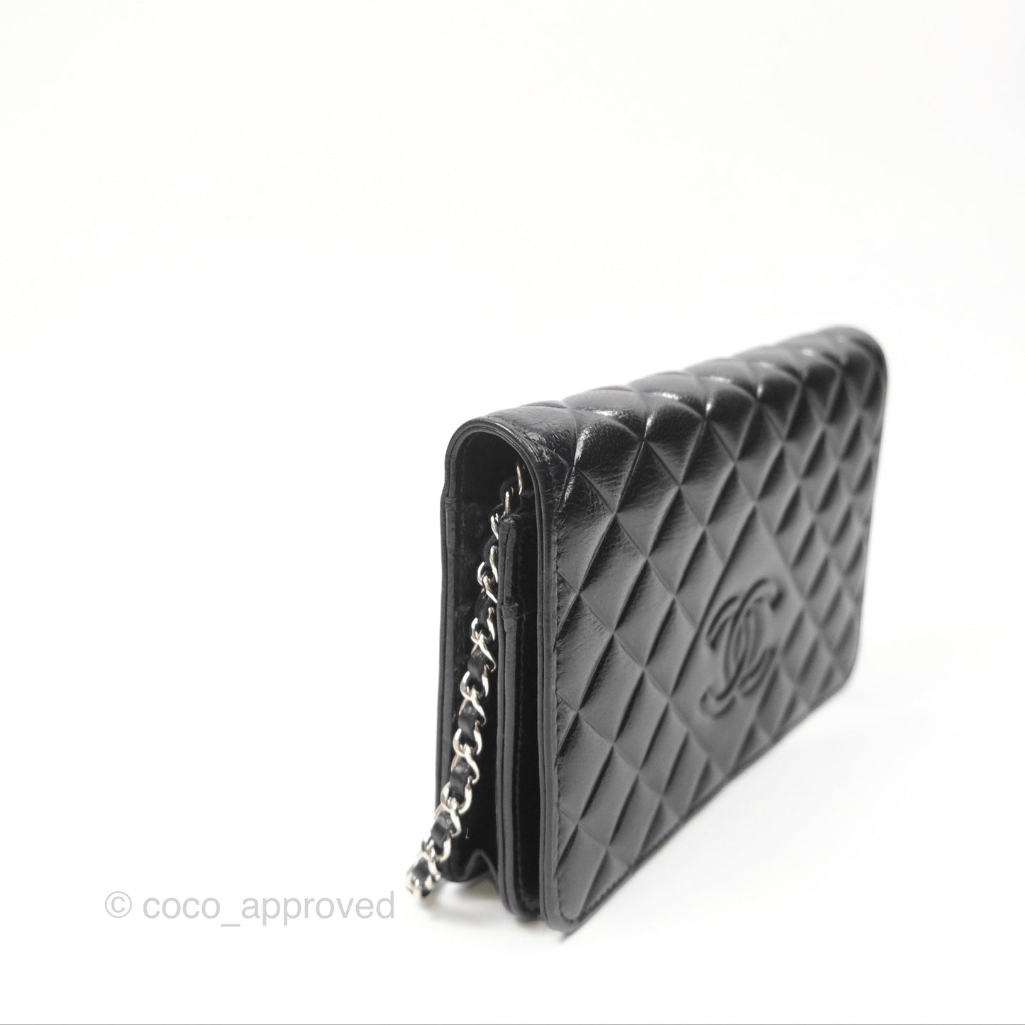 Chanel Diamond CC Wallet On Chain WOC Black Goatskin Silver Hardware