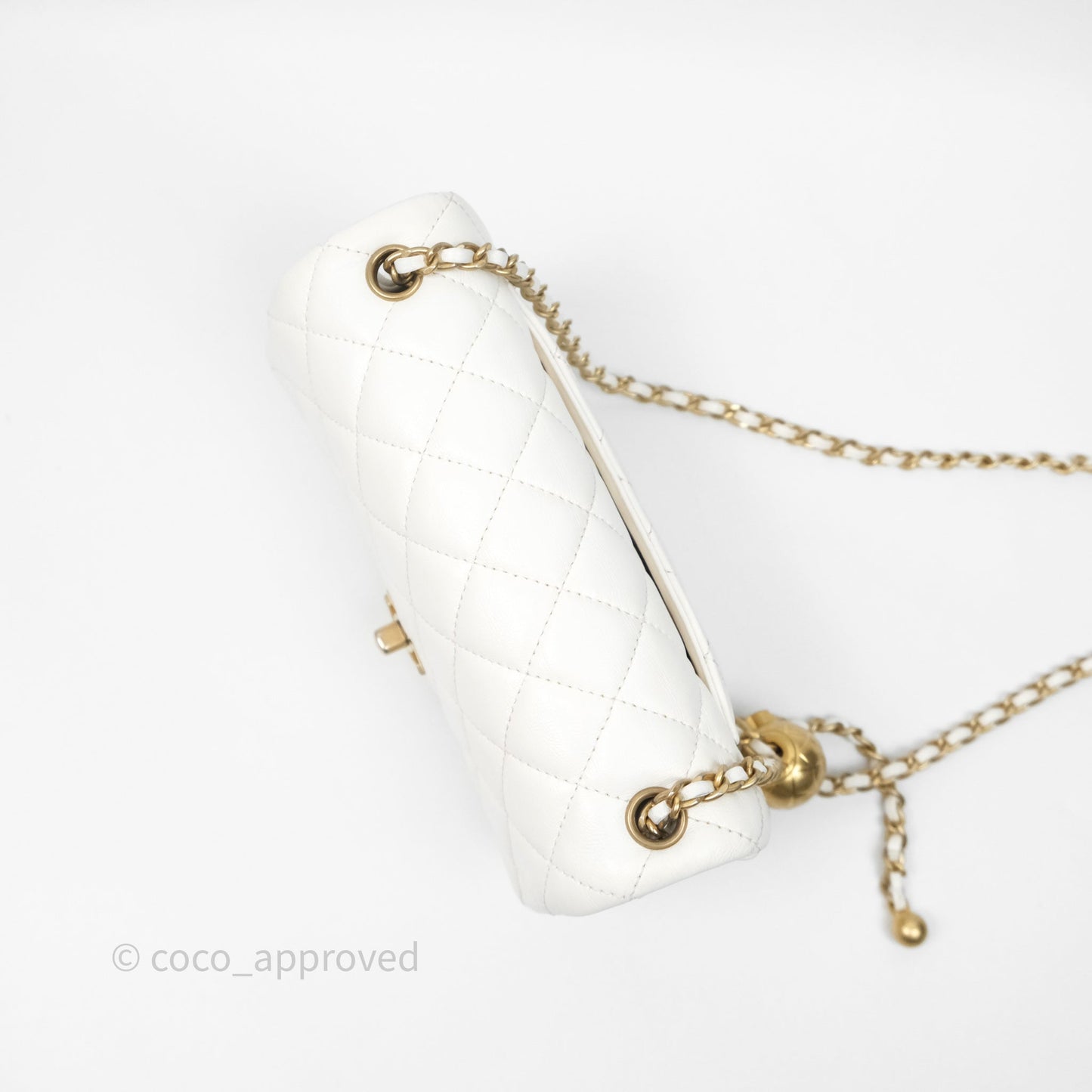 Chanel Mini Rectangular Pearl Crush Quilted White Lambskin Aged Gold Hardware